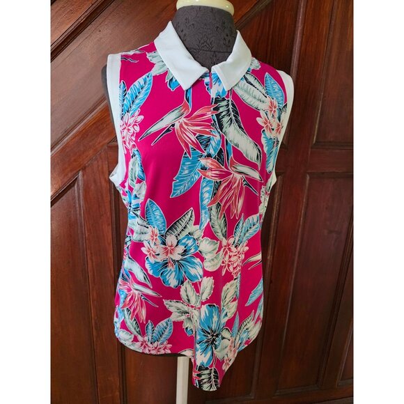 Womens Tommy Bahama Golf Sleeveless Polo Shirt XL Floral Print Pink UPF 50 NWT - Picture 1 of 8